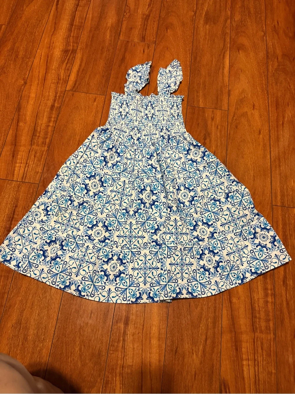 Hill House Kids Blue and White Smocked Tile-Print Sundress